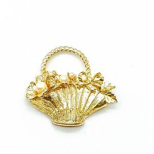 French Flower Basket Brooch, Vintage Gold Tone with Elegant Pearl and Crystal